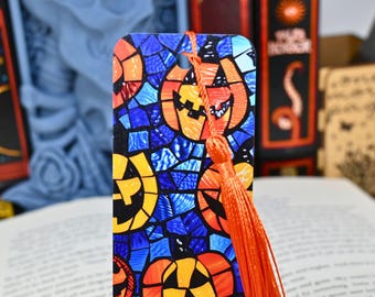 Marcapáginas de calabaza de Jack O'Lantern: regalo de vitral de Halloween para lectores