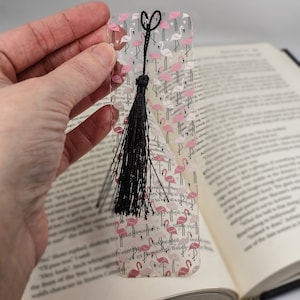 Cute Bookmark with Pink Flamingo is used for teacher gifts basket or unique bookmarks for a book lover gift box or bulk flamingo gifts