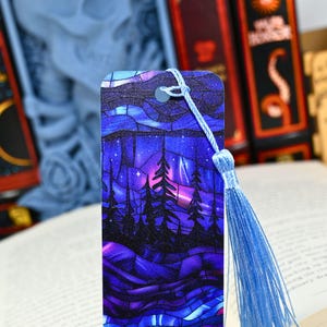 Purple Forest Northern Lights Aurora Bookmark for Cool Bookish Party Favors or Stocking Stuffers for Book Readers