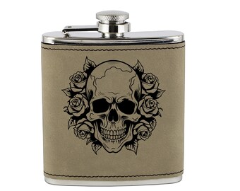 Personalized Flask Rose Skull Engraved Flask for Groomsman Gifts or 21st Birthday Gift | Life and Death Rose Skull