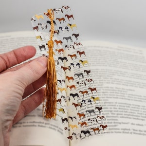 May include: A clear acrylic bookmark with a gold tassel. The bookmark features a repeating pattern of brown, white, and black horses.