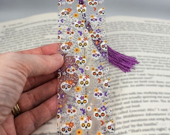 Cute Bookmark with Sugar Skulls is used for teacher gifts basket or unique bookmarks for a book lover gift box or bulk sugar skull gifts