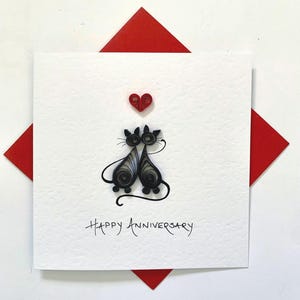 Handmade Quilled Anniversary Card - Two Black Cats and Red Love Heart - 3D Cat Anniversary Card for Husband Wife Cat Lover - Cute Cat Card