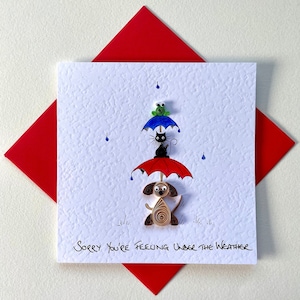 Under the Weather - Handmade Get Well Card - Quilled Dog, Cat, Frog with Umbrellas - Hand Painted
