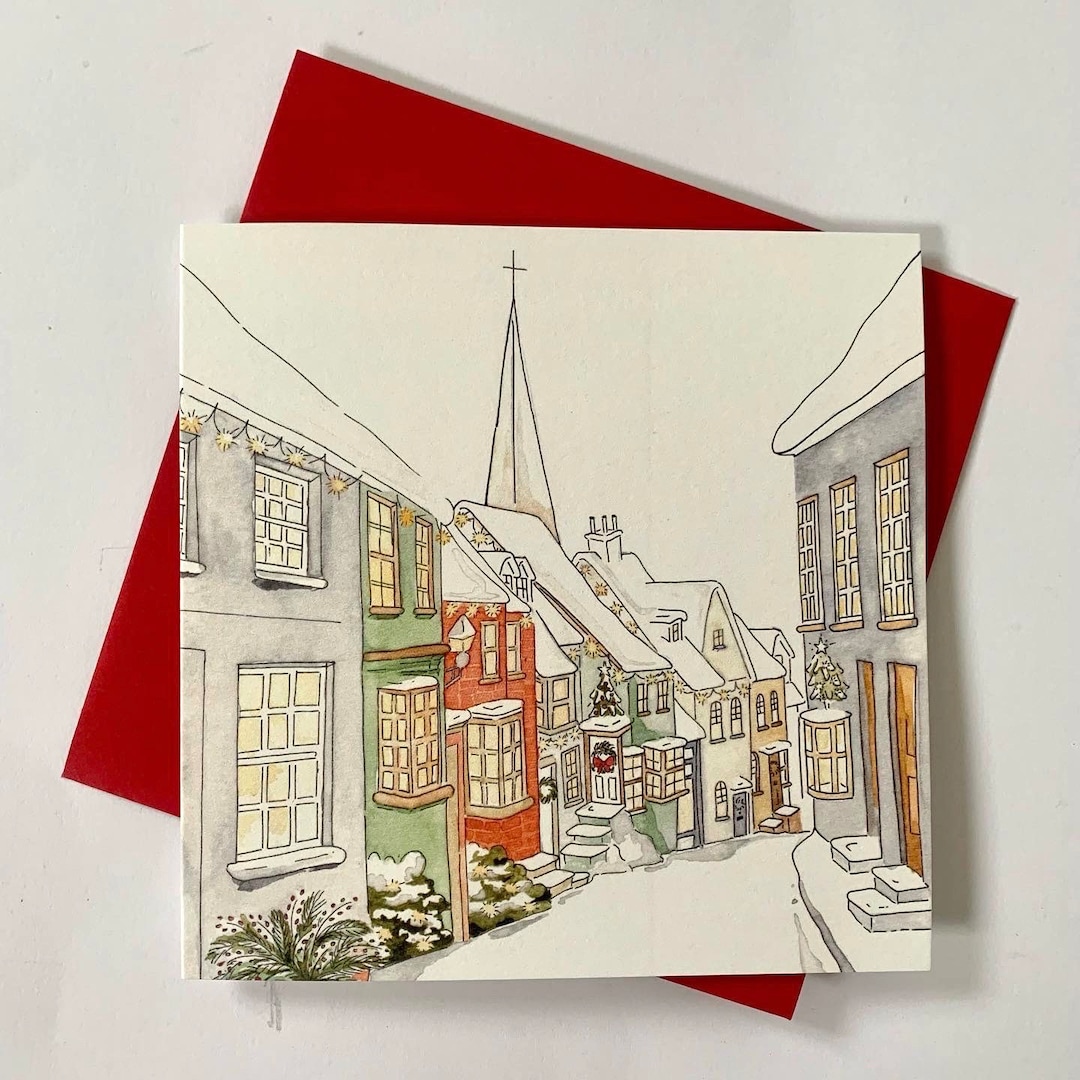 5 Luxury Charity Christmas Cards Traditional Snowy Street Original Watercolour Hand Finished