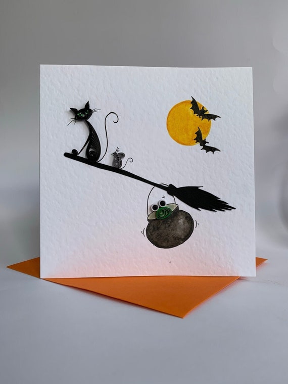 Handmade Quilled Halloween Card Witchs Black Cat Mouse and Etsy