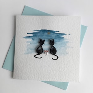 Hand Painted Quilled Card - Two Cats and a Mouse Star Gazing at Twilight - Birthday Wishes / Anniversary / Husband / Wife / Thinking of You