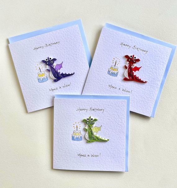Handmade Quilled Dragon Birthday Cards - Make A Wish! 3D Dragon with Birthday Cake Candle - Hand Painted Paper Craft Dragon Card