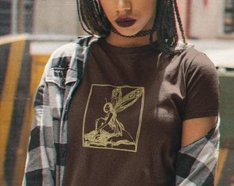 Fairy T-shirt • Brown Goblincore tshirt • Cottagecore Grunge Fairycore Shirt • Lino cut block style print • Minimalist aesthetic top •
