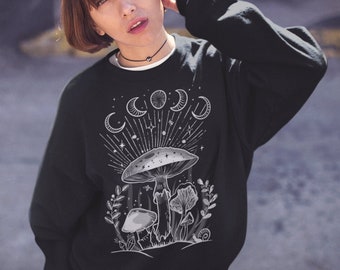 Sudadera con fases lunares y hongos • Suéter con hongos celestiales mágicos • Estética goblincore • Witch Dark Academia • Cottagecore Mushroom
