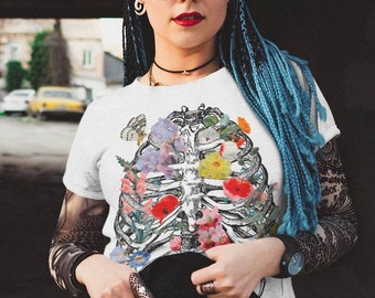 Ribcage flowers botanical top • Aesthetic gothic shirt • Soft Goth Art tshirt • Grunge Gore Creepy Cute Clothing • Skeleton ribs • Anatomy