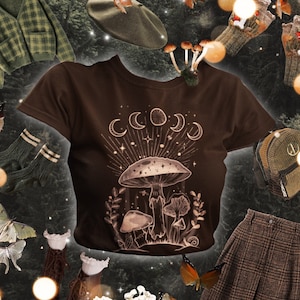 Moon phases and mushrooms tshirt • Magical Celestial Fungi shirt • Goblincore aesthetic • Witchy top • Dark Academia • Cottagecore Mushroom•