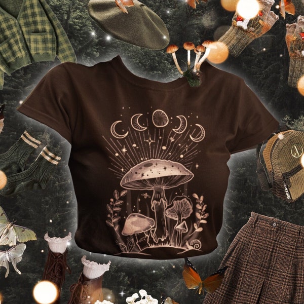 Moon phases and mushrooms tshirt • Magical Celestial Fungi shirt • Goblincore aesthetic • Witchy top • Dark Academia • Cottagecore Mushroom•