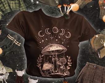 Moon phases and mushrooms tshirt • Magical Celestial Fungi shirt • Goblincore aesthetic • Witchy top • Dark Academia • Cottagecore Mushroom•