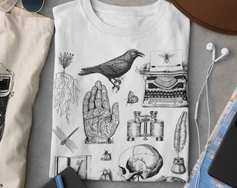 Dark Academia Aesthetic T-shirt • Gothic Witchy shirt • Pagan clothing • Victorian line art tshirt • Skull Raven fairygrunge whimsigoth