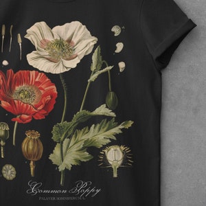 Poppy Botanical Art Shirt Aesthetic Flower top Witchy Nature Lover Gift Witchy Whimsigoth Tshirt Goblincore Cottagecore t-shirt zdjęcie 2