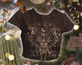 Camiseta Fairycore • Hada esqueleto y fases lunares • Top grunge Goblincore Fairygrunge • Camiseta Cottagecore • Ropa de brujas • Dark Academia
