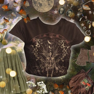 Fairycore tshirt • Skeleton fairy and moon phases • Grunge Goblincore Fairygrunge top • Cottagecore shirt • Witchy clothing • Dark Academia