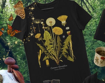 Löwenzahn Botanische Kunst T-Shirt • Cottagecore Goblincore • Gelbe Blumen Shirt • Blumen Pflanzen Natur Liebhaber • Unisex • Vintage Ästhetik