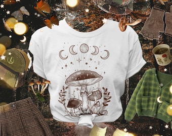 Moon phases and mushrooms tshirt • Magical Celestial Fungi shirt • Goblincore aesthetic • Witchy top • Dark Academia • Cottagecore Mushroom•