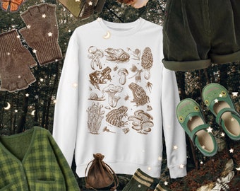 Sudadera con hongos, ranas e insectos • Arte botánico • Suéter con estética Dark Academia • Camiseta vintage con hongos y ranas • Ropa gótica Goblincore