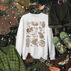Sweatshirt Mushrooms Frogs and Bugs Botanical art • Dark Academia aesthetic sweater • Vintage Mushroom Frog shirt • Goblincore Goth clothing