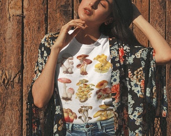 Mushrooms tshirt • Botanical Fungi art t-shirt • Vintage Illustration • Cottagecore aesthetic shirt • 90s Boho Nature Plants Fashion •