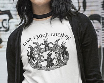 Live Laugh Lucifer Tshirt • Dancing Witches Sabbath Satan top • Funny Devil Grunge Witchy Goblincore Goth shirt • Medieval Woodcut Aesthetic