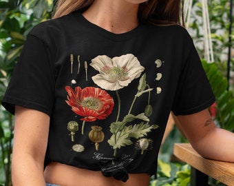 Chemise d’art botanique Poppy • Top fleur esthétique • Cadeau amoureux de la nature sorcière • T-shirt Witchy Whimsigoth • Goblincore • T-shirt Cottagecore