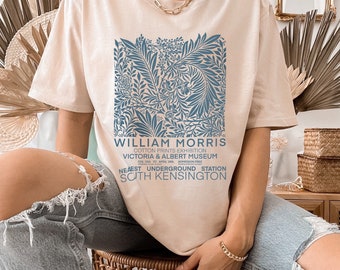 William Morris Exhibition Tshirt • Floral Flowers Minimalist Blue Print Top • Boho Retro Aesthetic • Gift for her • Art Lover Gift •