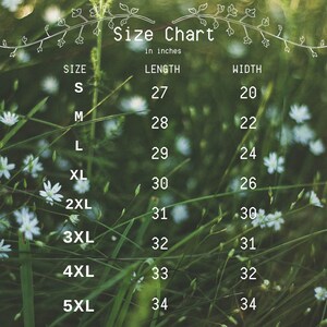 May include: Size chart for clothing in inches. The chart shows sizes S through 5XL with corresponding length and width measurements.