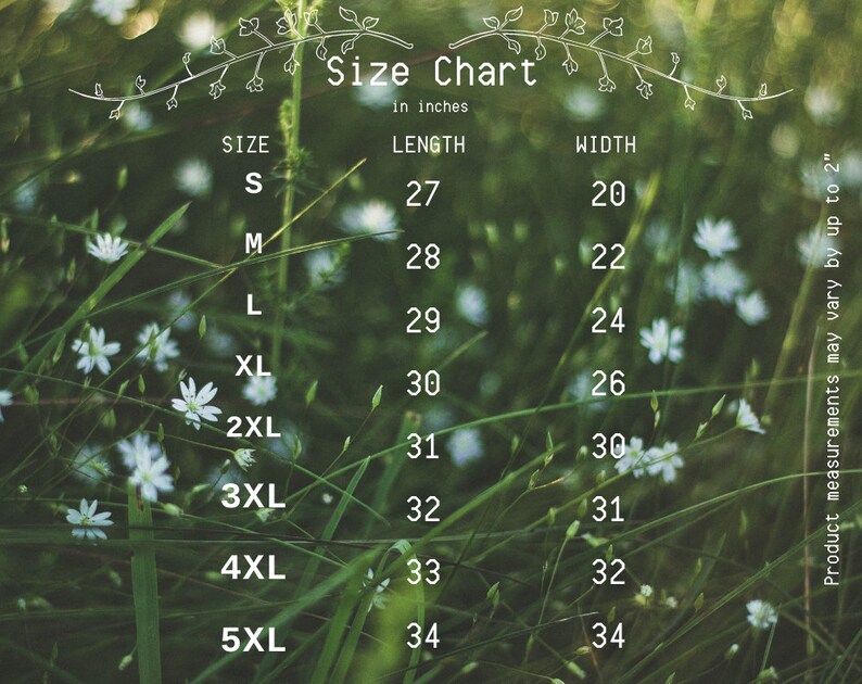 May include: Size chart for clothing in inches. The chart shows sizes S through 5XL with corresponding length and width measurements.