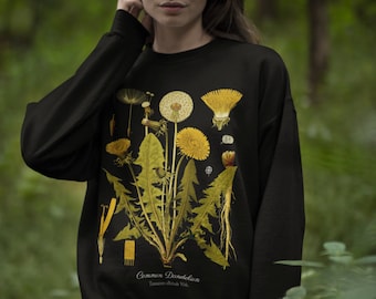 Sudadera con arte botánico de diente de león • Cottagecore Goblincore • Suéter con flores amarillas • Amante de las flores, las plantas y la naturaleza • Estética vintage