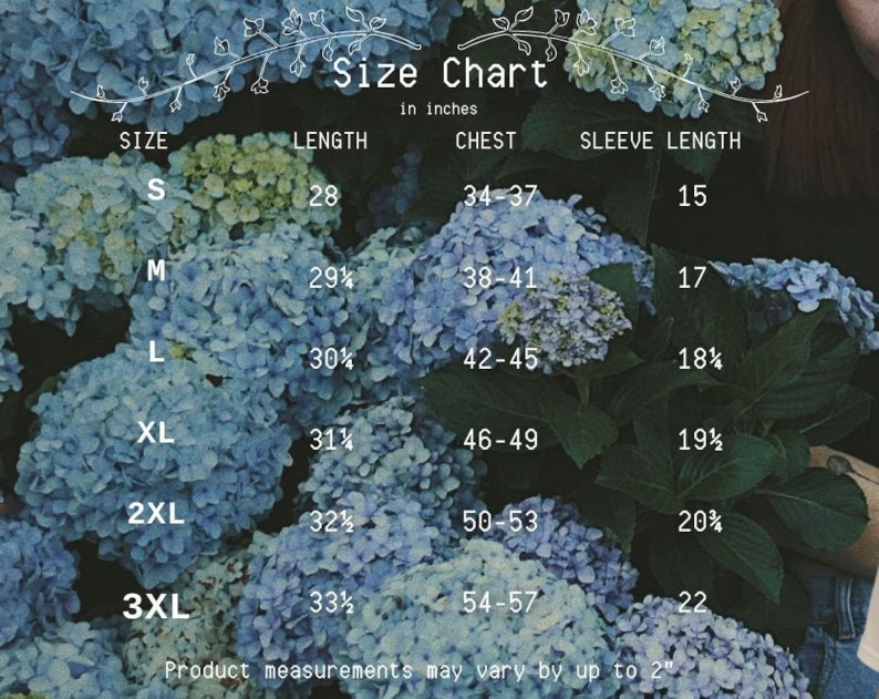 May include: Size chart for clothing in inches. The chart shows sizes S through 3XL with corresponding measurements for length, chest, and sleeve length.