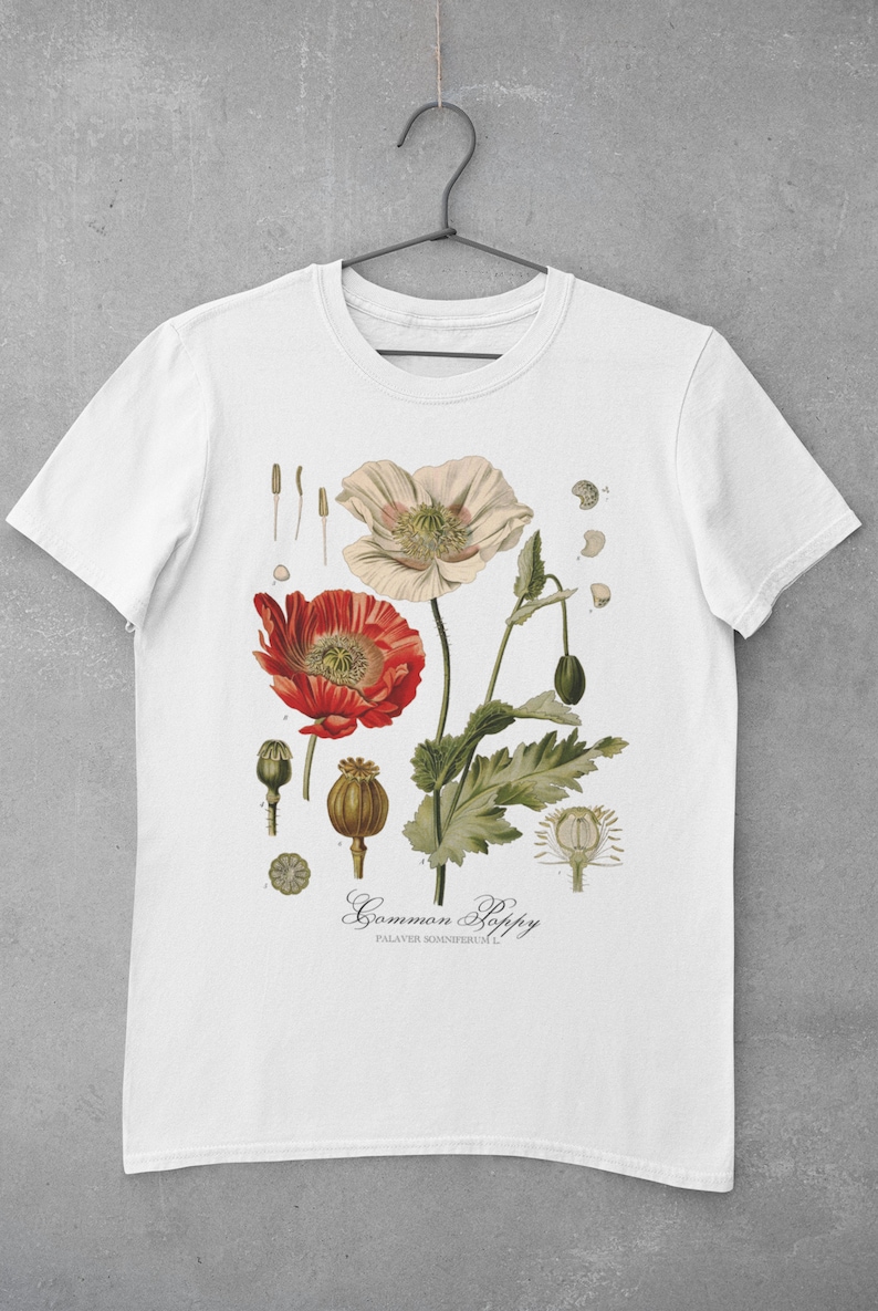 Poppy Botanical Art Shirt Aesthetic Flower top Witchy Nature Lover Gift Witchy Whimsigoth Tshirt Goblincore Cottagecore t-shirt image 4