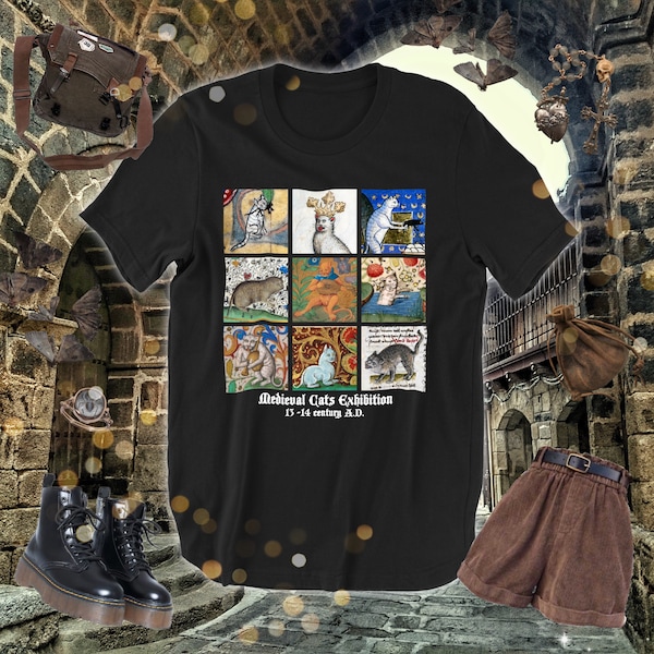 Medieval Cats Collage Tshirt • Funny Weird Ugly Medieval Cat Art Marginalia • Cat Parent Gift • Goblincore FairyCore Cottagecore Aesthetic