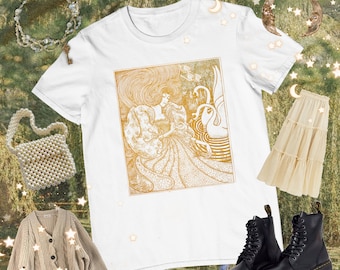 Woman with Swans Tshirt • Jan Toorop • Fairycore Whimsigoth Summery Light Academia Aesthetic •  Swan Fairy top • Vintage Lino Print Style