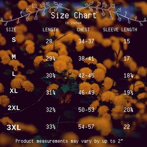 May include: Size chart for clothing in inches. The chart shows sizes S through 3XL with corresponding measurements for length, chest, and sleeve length.