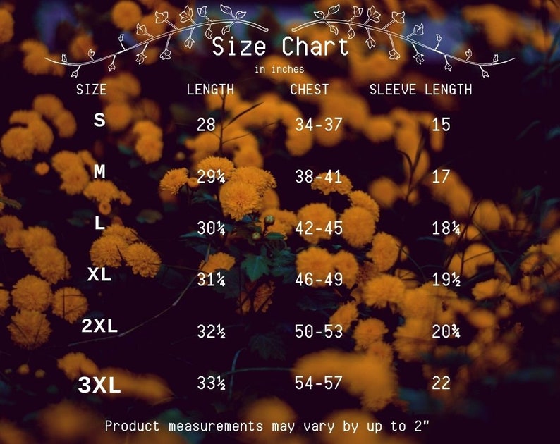 May include: Size chart for clothing in inches. The chart shows sizes S through 3XL with corresponding measurements for length, chest, and sleeve length.