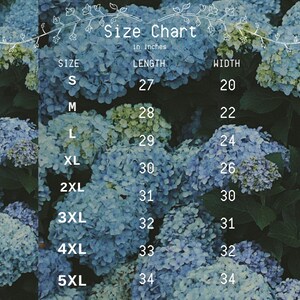 Puede incluir: Tabla de tallas para ropa en pulgadas. La tabla muestra las tallas S a 5XL con las medidas de longitud y ancho correspondientes.
