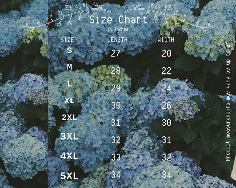 Puede incluir: Tabla de tallas para ropa en pulgadas. La tabla muestra las tallas S a 5XL con las medidas de longitud y ancho correspondientes.