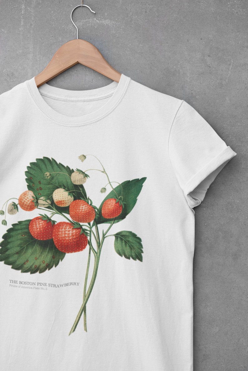 Peut inclure: T-shirt blanc avec une illustration vintage d'une plante de fraises des bois de Boston avec des baies rouges et des feuilles vertes. Le texte "THE BOSTON PINE STRAWBERRY" et "Fruits of America Plate No. 2" est imprim&eacute; sous l'illustration.