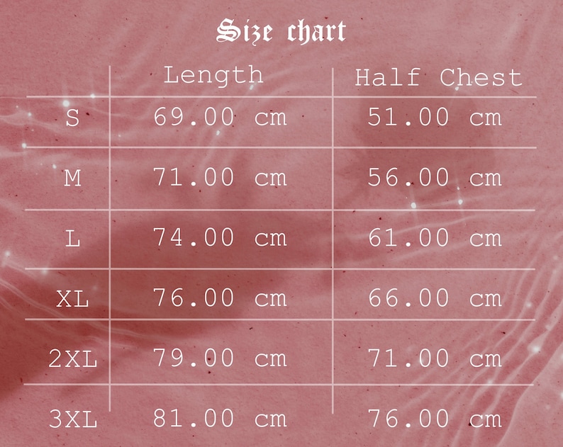 K&ouml;nnte beinhalten: Gr&ouml;&szlig;entabelle f&uuml;r Kleidung mit Ma&szlig;en in Zentimetern. Die Tabelle zeigt die L&auml;ngen- und Halbbrustma&szlig;e f&uuml;r die Gr&ouml;&szlig;en S, M, L, XL, 2XL und 3XL.