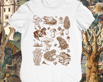 Camiseta de ranas y hongos • Camiseta botánica Cottagecore Goblincore • Top de estética vintage • Moda Dark Academia • Top de rana y hongo