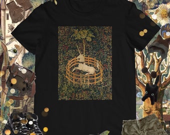 Unicorn in Captivity T-shirt • Medieval Tapestry Art •.Cryptozoology Shirt • Witchy Folklore • Goblincore Fairycore Dark Academia Aesthetic
