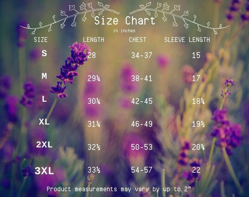Puede incluir: Tabla de tallas para ropa en pulgadas. La tabla muestra las tallas S a 3XL con las medidas correspondientes para la longitud, el pecho y la longitud de la manga.