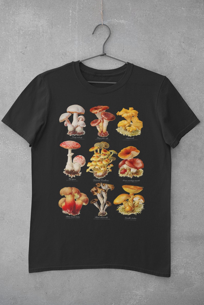 Mushrooms tshirt Botanical Fungi art t-shirt Vintage Illustration Cottagecore aesthetic shirt 90s Boho Nature Plants Fashion image 5