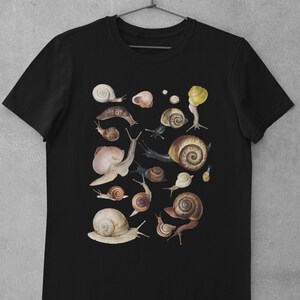 May include: Black t-shirt with a graphic print of various snails in different colors and sizes.