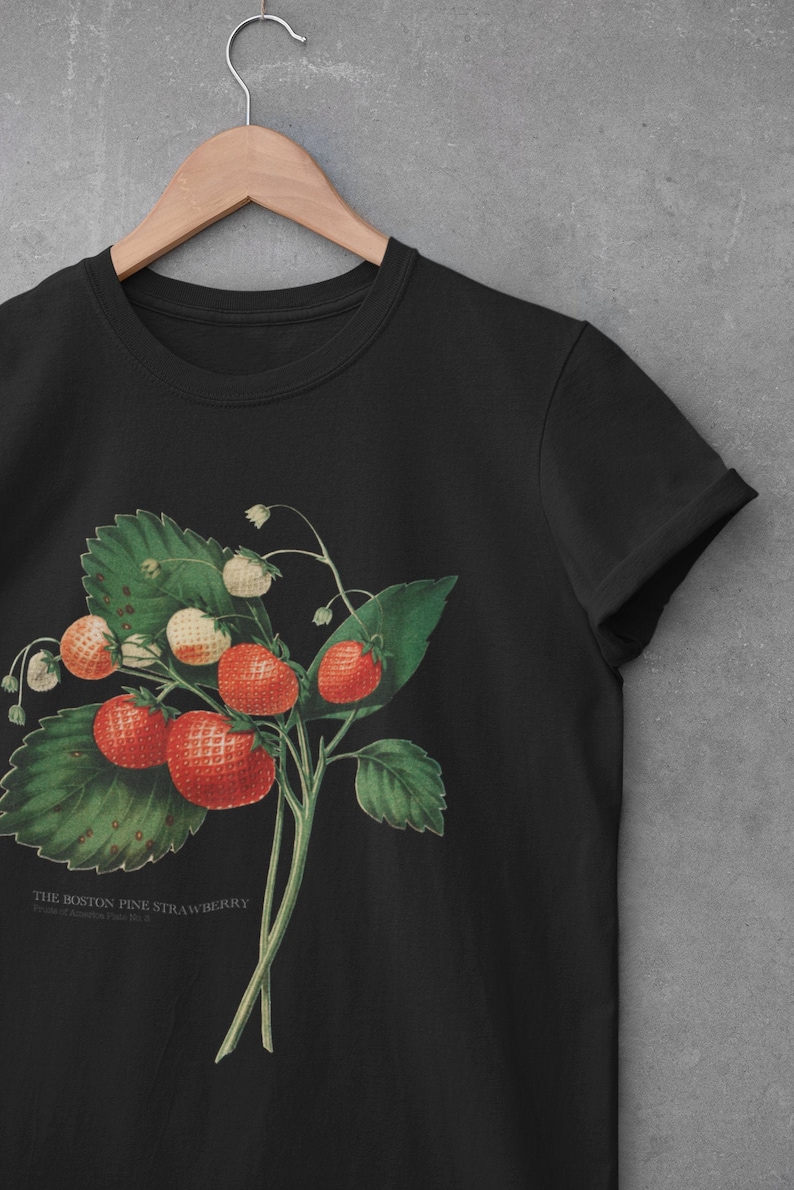 Peut inclure: T-shirt noir avec une illustration vintage d'une plante de fraises des bois de Boston avec des baies rouges et blanches et des feuilles vertes. Le texte "THE BOSTON PINE STRAWBERRY" est imprim&eacute; sous l'illustration.