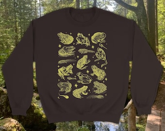 Frogs and Tadpoles Sweatshirt • Botanical Sweater • Fairycore Whimsigoth Witchy Aesthetic • Alt fashion • Frog lover gift • Lino Print Style